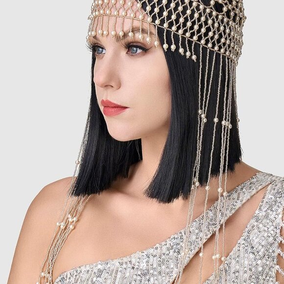 1920s Pearl Flapper Cap Headpiece Roaring 20s Gatsby Pearl Head Chain Rose Gold - Picture 2 of 4